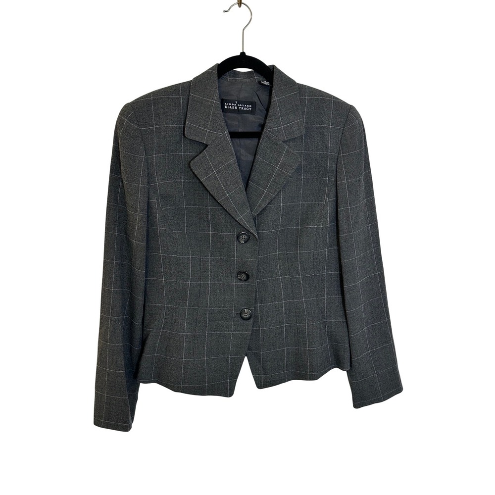 Linda Allard Ellen Tracy Blazer Size 14 Grey Wool Blend Windowpane Plaid Office